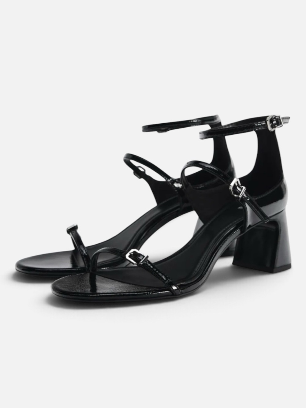 Zara Black Patent Strappy Block Heel Sandals EU 39 US 8.5
